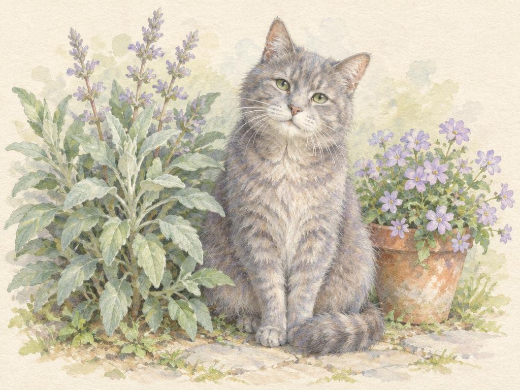 Senior gray cat sitting quietly among plants