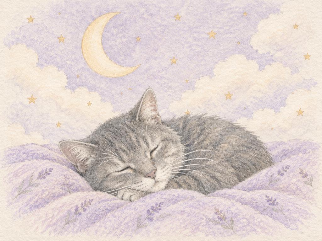 The gray cat sleeping peacefully beneath a crescent moon and stars