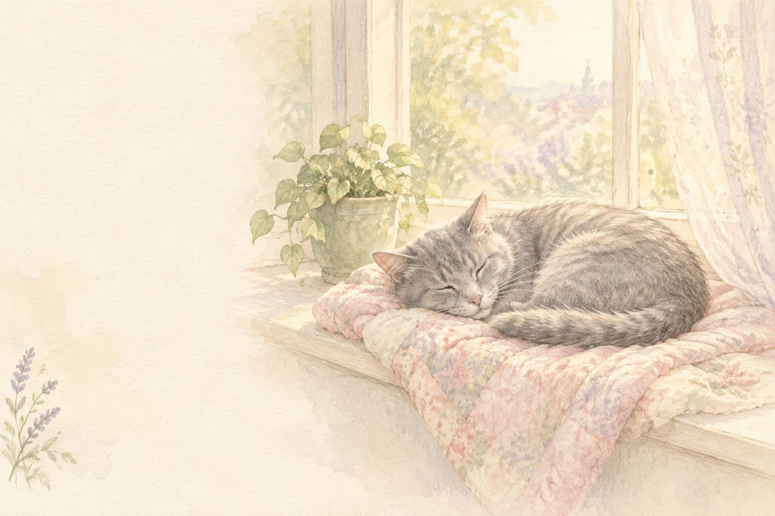 An elderly gray cat curled up on a quilt in a warm sunbeam