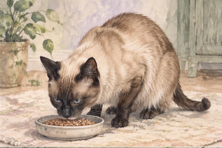 Watercolor of a seal-point Siamese cat eating from a shallow dish