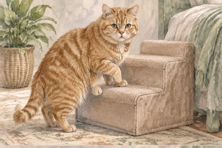 Watercolor of an orange tabby cat beside padded pet steps