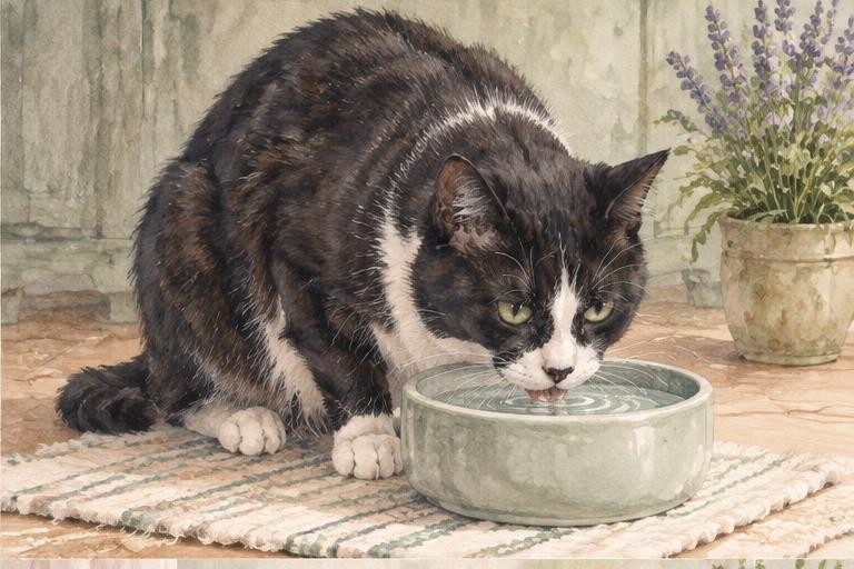 Watercolor of a tuxedo cat drinking from a water bowl