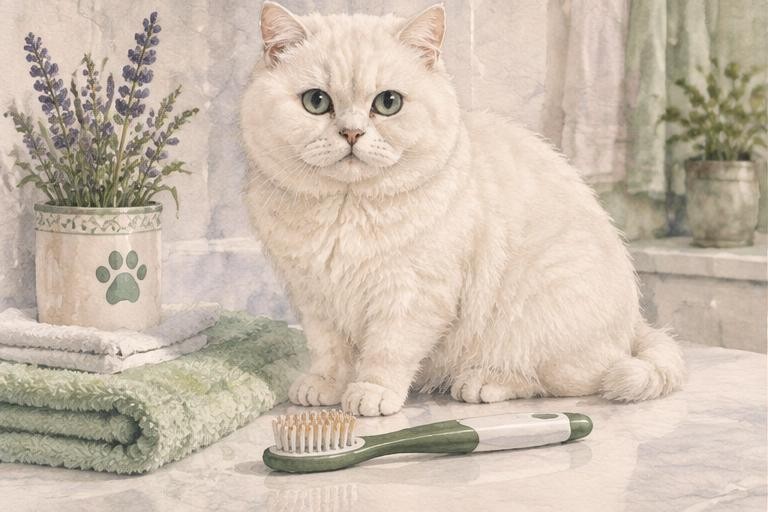 Watercolor of a white British shorthair cat beside a pet toothbrush