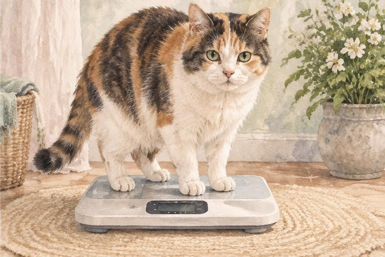 Watercolor of a calico cat standing on a pet scale