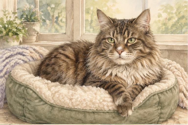 Watercolor of a brown Maine Coon cat resting in a soft bed