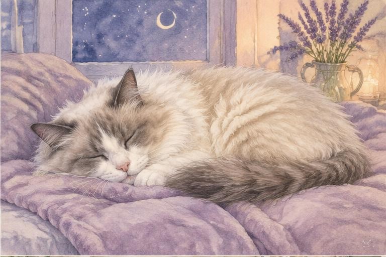 Watercolor of a cream Ragdoll cat sleeping on a lavender blanket