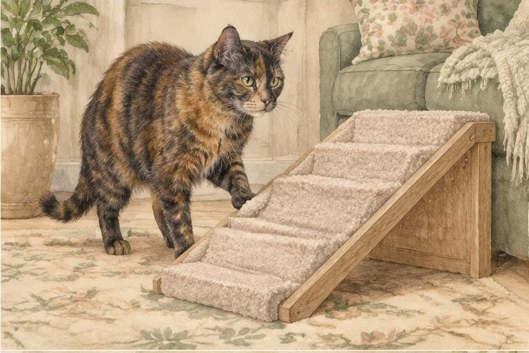 Watercolor of a tortoiseshell cat approaching a cushioned ramp