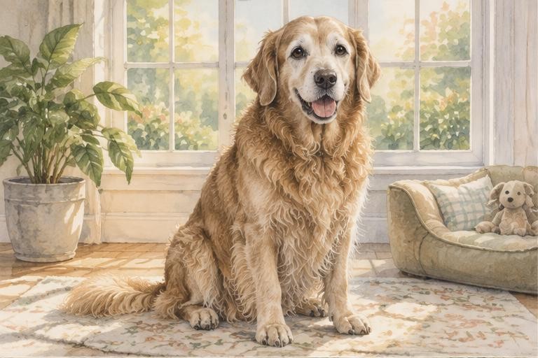 Watercolor of a senior golden retriever by a sunlit window