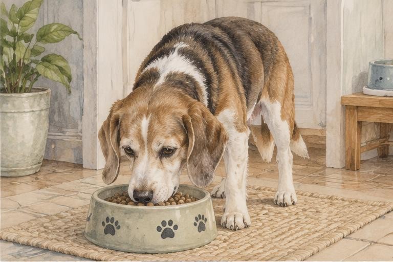 Watercolor of a senior beagle eating from a bowl