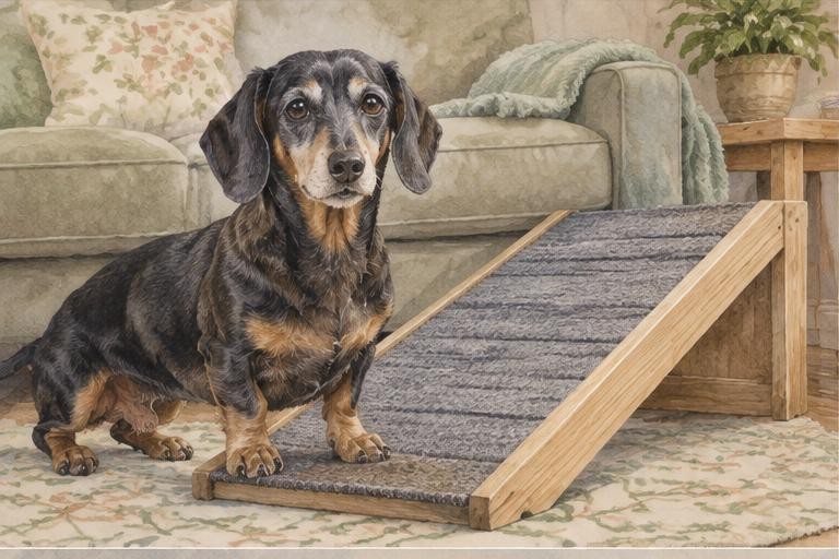 Watercolor of a senior dachshund beside a low ramp
