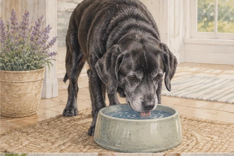 Watercolor of a senior black Labrador drinking water