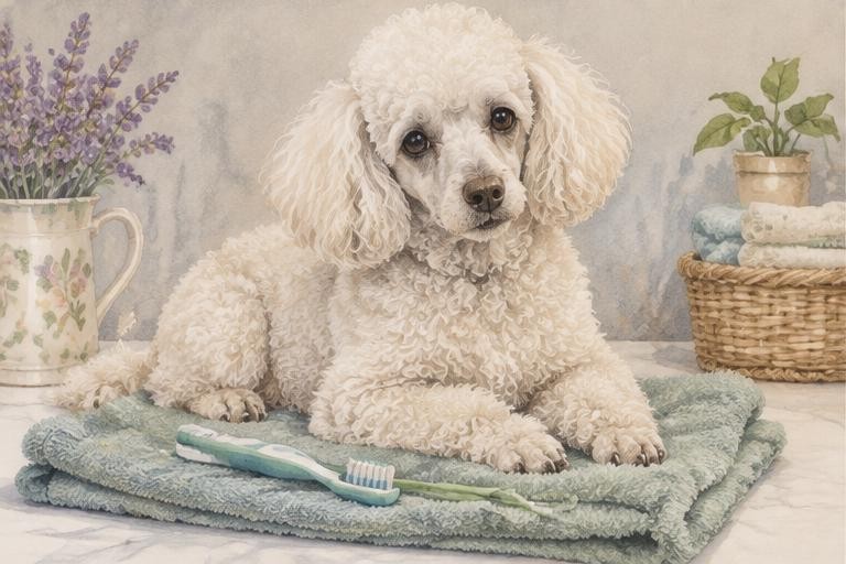 Watercolor of a senior white poodle beside a pet toothbrush