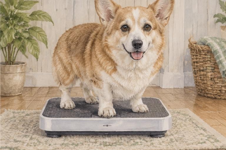 Watercolor of a senior corgi standing on a pet scale