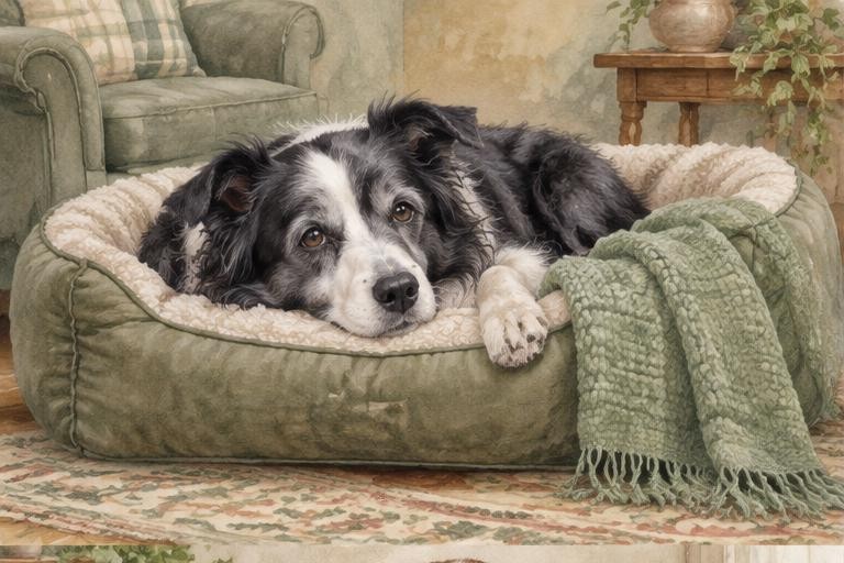 Watercolor of a senior border collie resting in an orthopedic bed