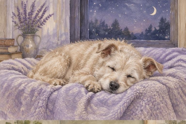 Watercolor of a senior terrier sleeping on a lavender blanket