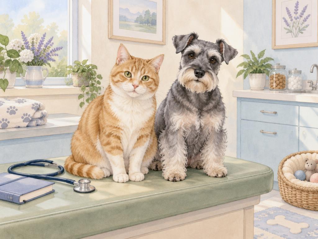 Watercolor of a ginger and white cat and senior schnauzer at a calm vet visit