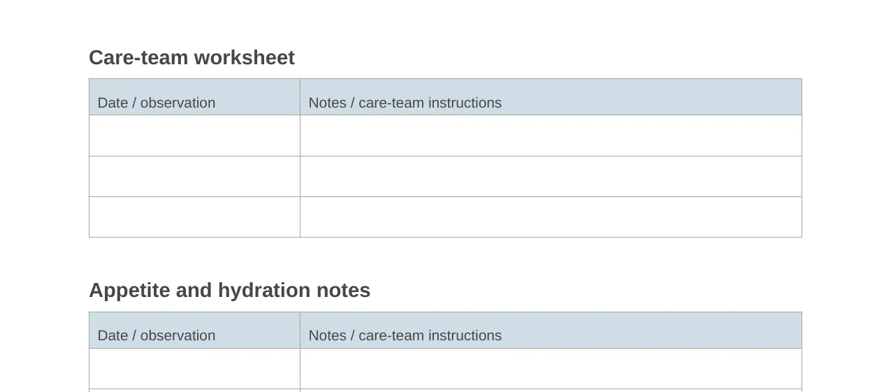 Blurred preview of the Care-team worksheet page
