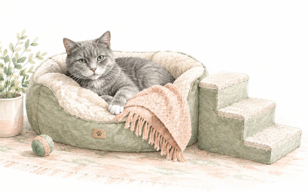 An elderly gray cat in a cushioned bed beside small pet steps