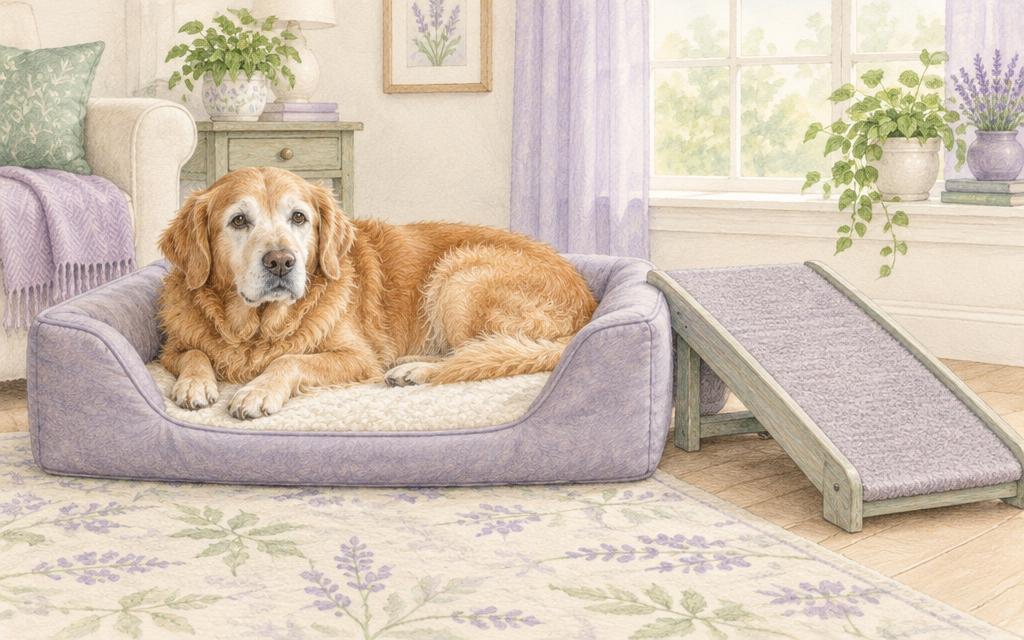 An older dog resting in a cushioned bed