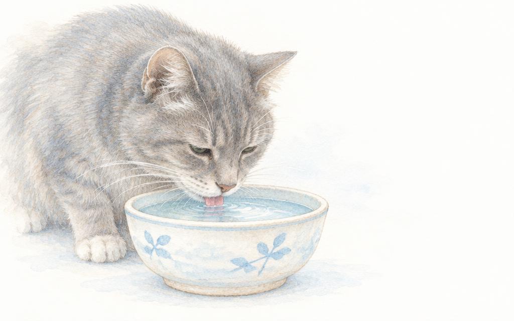 An elderly gray cat drinking from a water bowl