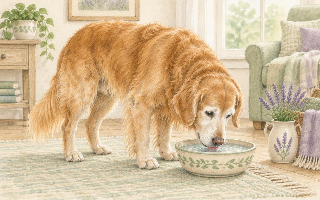 An older dog drinking from a water bowl
