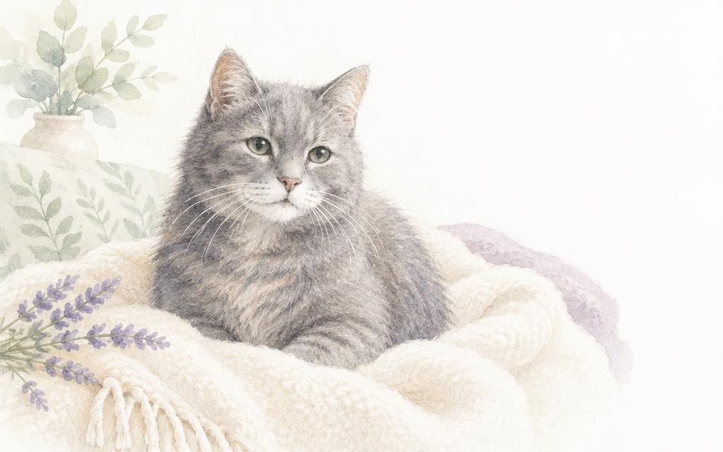 An elderly gray cat resting on a soft cream blanket