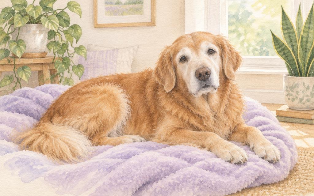 An older dog resting on a soft blanket