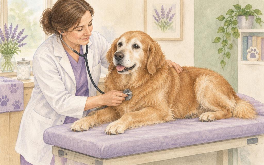 A veterinarian gently caring for an older dog