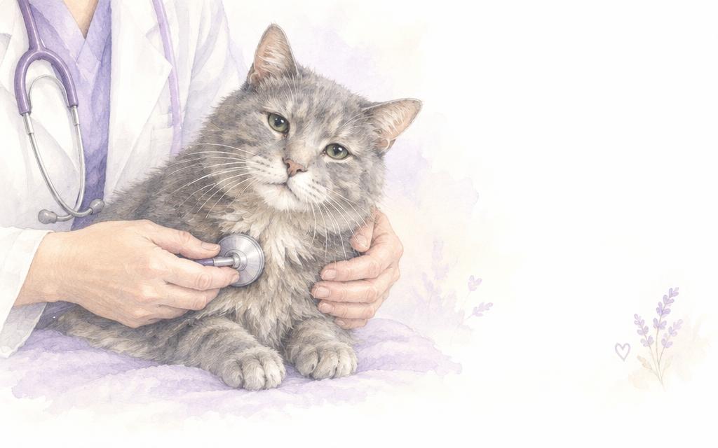A veterinarian gently listening to an elderly gray cat's heart